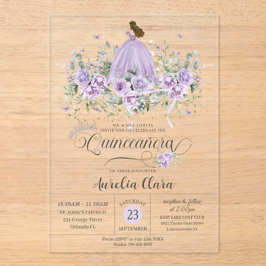Chic Lila Lilac Floral Girl Dress Quinceañera XV Acryleinladungen (Vorderseite)