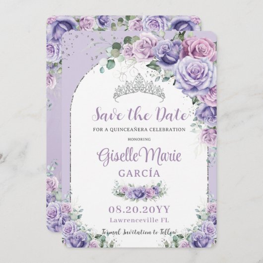 Chic Lila Lilac Floral Quinceañera Silver Arch Save The Date (Vorne/Hinten)