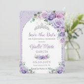 Chic Lila Lilac Floral Quinceañera Silver Arch Save The Date (Stehend Vorderseite)