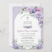 Chic Lila Lilac Floral Rose Silver Baptisk Einladung (Vorderseite)