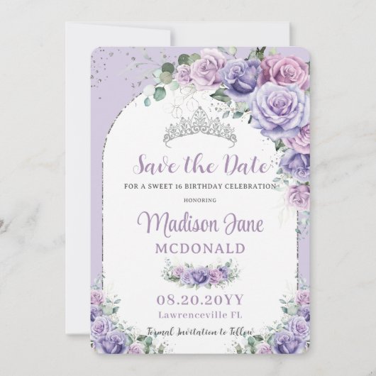 Chic Lila Lilac Floral Sweet 16 Silver Birthday Save The Date (Vorderseite)