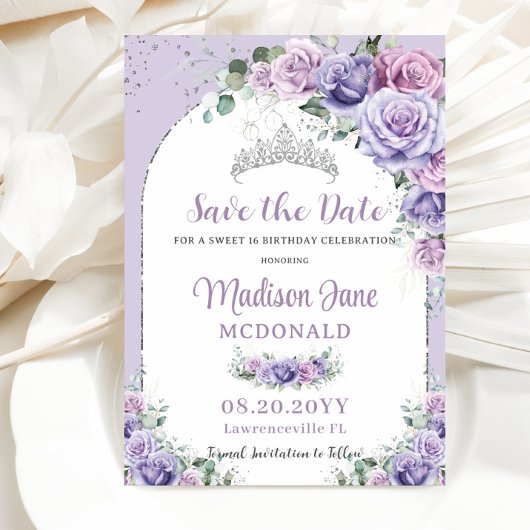 Chic Lila Lilac Floral Sweet 16 Silver Birthday Save The Date