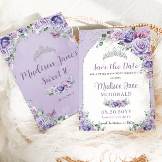 Chic Lila Lilac Floral Sweet 16 Silver Birthday Save The Date