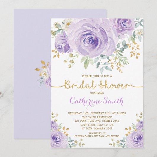 Chic Lila Lilac Gold Rose Brautparty Einladung (Vorne/Hinten)