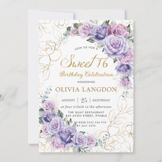 Chic Lila Lilac Lavender Rose Sweet 16 Birthday Einladung (Vorderseite)