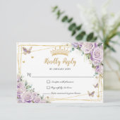 Chic Lila Lilac Rose Floral Gold 15 Quinceañera RSVP Karte (Stehend Vorderseite)