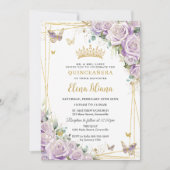 Chic Lila Lilac Rose Floral Gold Quinceañera XV Einladung (Vorderseite)