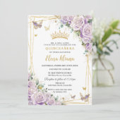 Chic Lila Lilac Rose Floral Gold Quinceañera XV Einladung (Stehend Vorderseite)