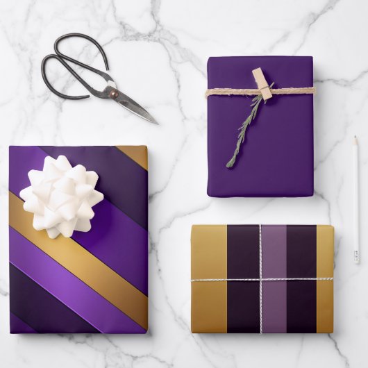 Chic Lila, Lilac und Gold gestreift Geschenkpapier Set (Vorderseite)