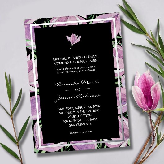 Chic Lila Magnolias auf Black Wedding Silver Folieneinladung