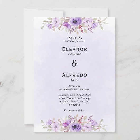 Chic Lila Minimalistische Blumenhochzeit Einladung (Vorderseite)