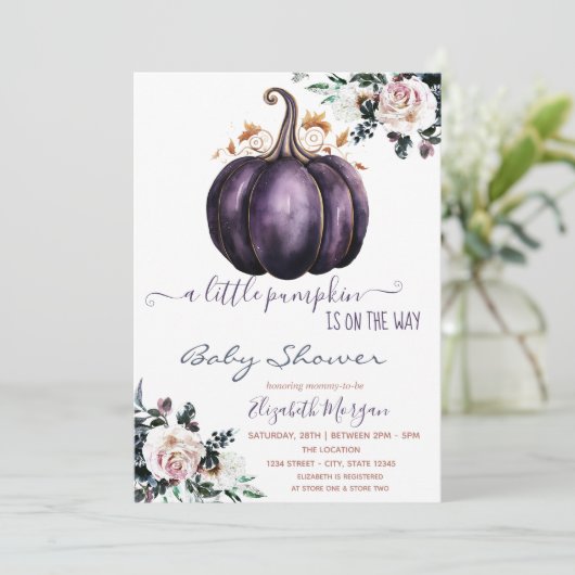Chic Lila Pumpkin-Blume, Dotted Baby Dusche Einladung (Stehend Vorderseite)