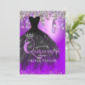 Chic lila silber Glitzer Tropfen Quinceanera Einladung (Stehend Vorderseite)