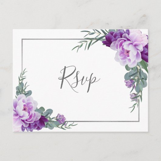 Chic Lila Silver Floral Eucalyptus Wedding RSVP Postkarte (Vorderseite)