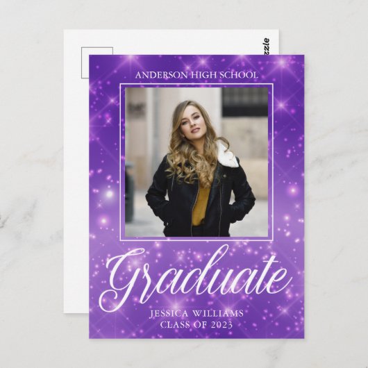 Chic Lila Sparkle Graduate Foto Abschluss Postkarte (Vorne/Hinten)