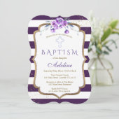 Chic Lila Stripes Gold Violet Blütentaufen Einladung (Stehend Vorderseite)