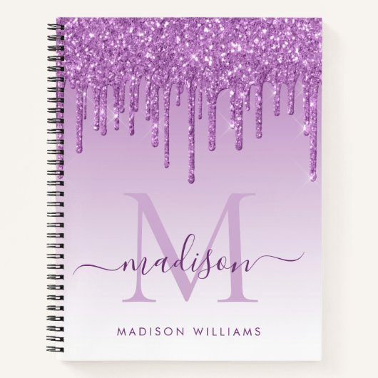Chic Lila Tropfens Glitzer Sparkle Monogram Script Notizblock (Vorderseite)