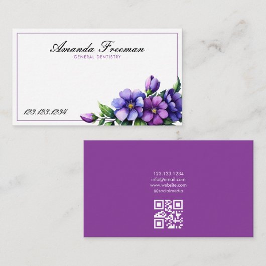 Chic Lila Watercolor Blume Zahnarzt Visitenkarte (Vorne/Hinten)