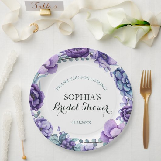 Chic Lila Watercolor Floral Brautparty Pappteller (Hochzeit)