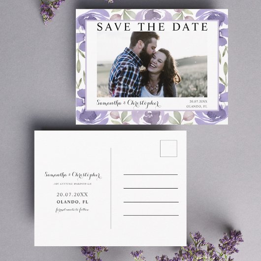 Chic Lila Watercolor Floral Save the Date Postkarte
