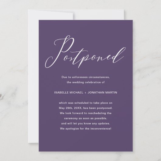 Chic Lila Wedding Postponement Ankündigung (Vorderseite)