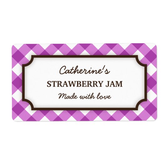 Chic lila-weiße Gingham-Konservenjaceletiketten (Vorne)