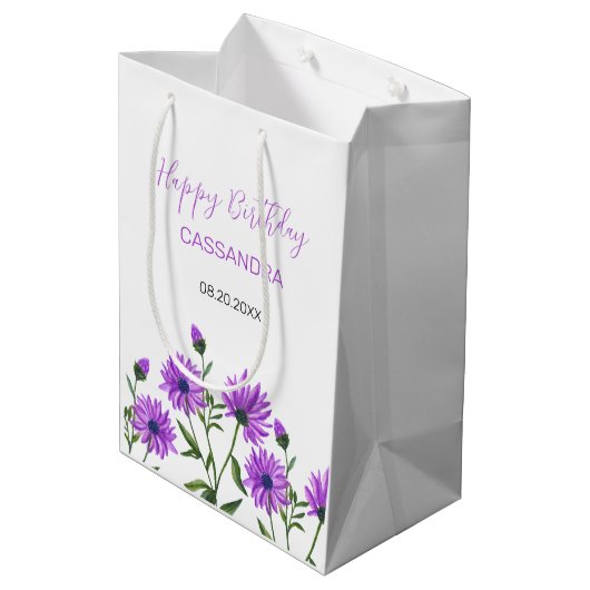Chic Lila Xeranthemum Floral Geburtstag Mittlere Geschenktüte (Rückseite Schrägansicht)