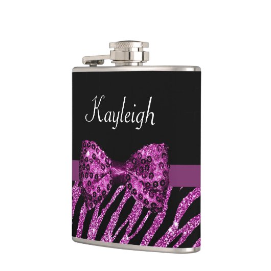 Chic Lila Zebra Print IMITATE Glitz Bow mit Namen Flachmann (Links)