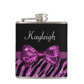 Chic Lila Zebra Print IMITATE Glitz Bow mit Namen Flachmann (Vorderseite)