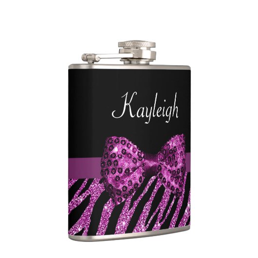 Chic Lila Zebra Print IMITATE Glitz Bow mit Namen Flachmann (Rechts)