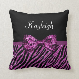 Chic Lila Zebra Print IMITATE Glitz Bow mit Namen Kissen