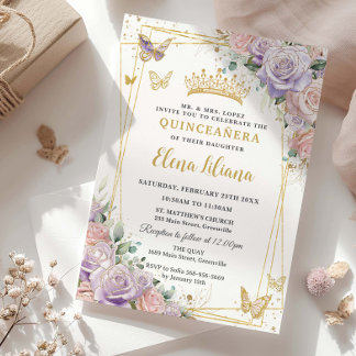 Chic Lilac Blush Rose Quinceanera Sweet 16 Einladung