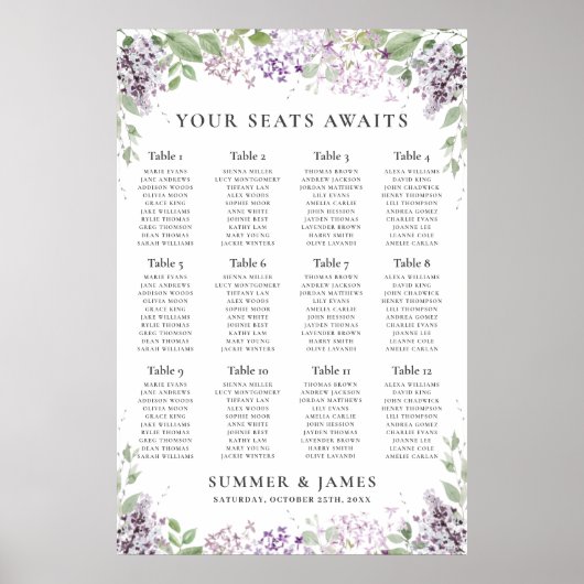 Chic Lilac Lila Floral Wedding Chart Poster (Vorne)