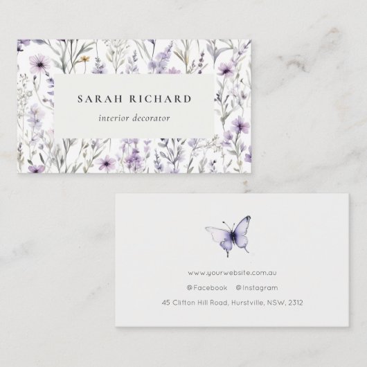 Chic Lilac Lila Wildblume Butterfly Wasserfarbe Visitenkarte (Vorne/Hinten)
