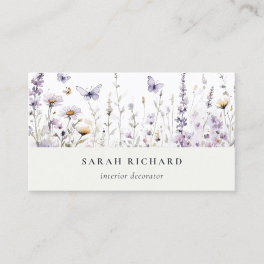 Chic Lilac Lila Wildblume Butterfly Wasserfarbe Visitenkarte (Vorderseite)