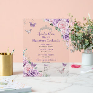 Chic Lilac Pink Floral Quinceanera Bar Drink Menü Acrylschild