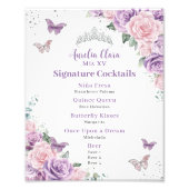 Chic Lilac Pink Floral Quinceanera Bar Drink Menü Fotodruck (Vorne)