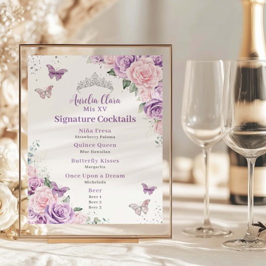 Chic Lilac Pink Floral Quinceanera Bar Drink Menü Poster
