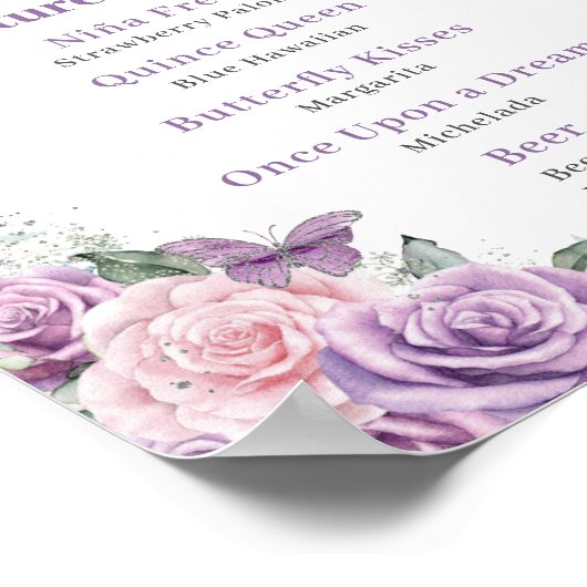 Chic Lilac Pink Floral Quinceanera Bar Drink Menü Poster (Ecke)