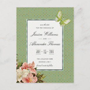 Chic Lilies & Gem Butterfly Wedding retten das Dat Ankündigungspostkarte