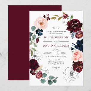 Chic Line Art Burgundy Navy Blumenblossom Hochzeit Einladung