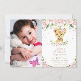 Chic Lion Cub Blush Pink Floral 1. Geburtstag Foto Einladung