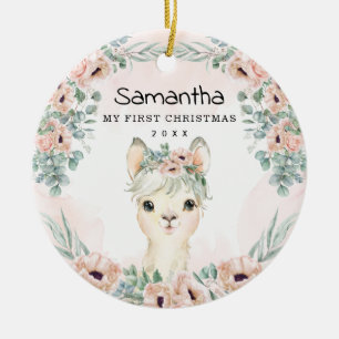 Chic Llama Blush Floral Baby Girl Erstes Weihnacht Keramik Ornament