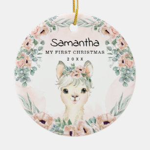 Chic Llama Blush Floral Baby Girl First Christmas Keramik Ornament