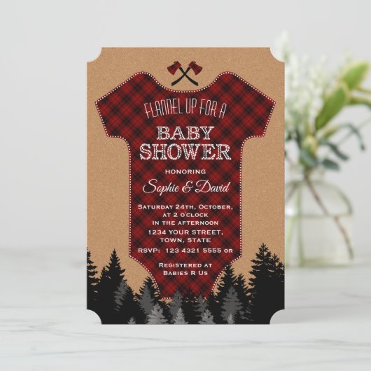 "Chic Lumberjack Red Buffalo Baby Anzug Baby Dusch Einladung (Stehend Vorderseite)