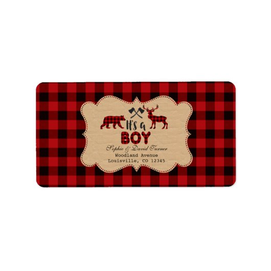 Chic Lumberjack Red Buffalo Baby Dusche Adressaufkleber (Vorne)