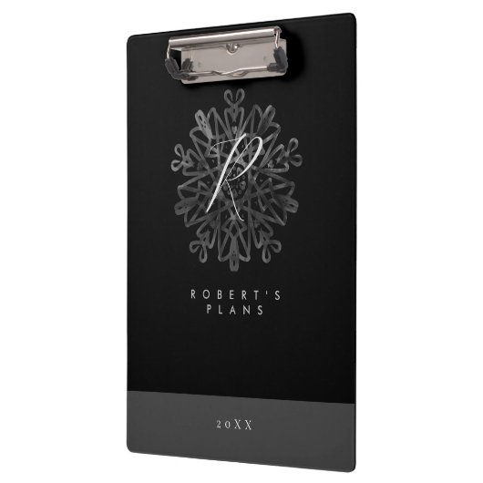 Chic luxuriös Schwarz-Weiß verziert mit Monogramm Klemmbrett (Links)