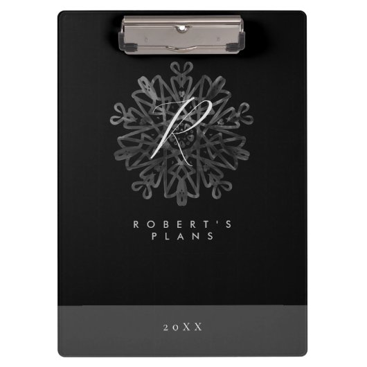 Chic luxuriös Schwarz-Weiß verziert mit Monogramm Klemmbrett (Vorderseite)