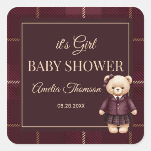 Chic Luxuriöser Teddybär-Baby-Shower  Quadratischer Aufkleber