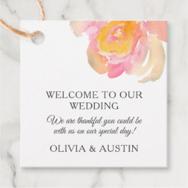 Chic Luxus pink Aquarell Rose. Gartenhochzeit Geschenkanhänger